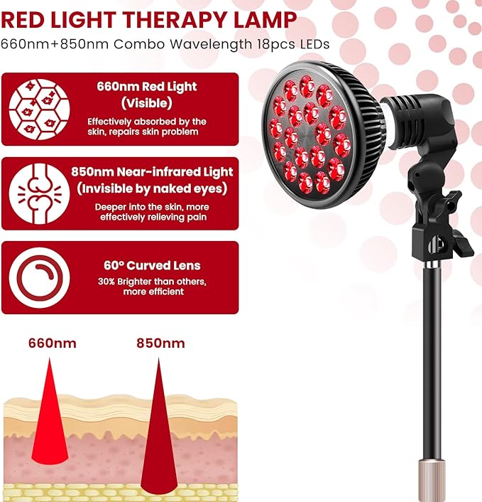 Wolezek Red Light Therapy Lamp - LED Face & Body Treatment, Adjustable Stand 10-16.5in, 18 LEDs 660nm & 850nm Combo