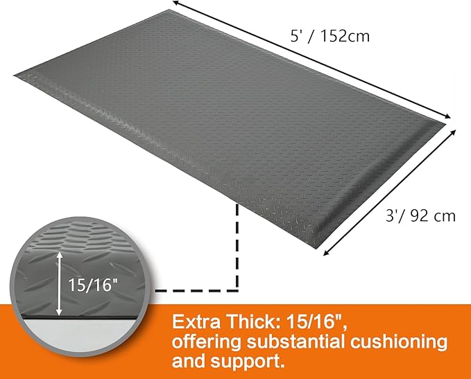 Nisorpa Anti Fatigue Mats Industrial 3' x 5' Ergonomic Standing Mat 15/16" Extra Thick Cushioned Shop Floor Mats Kitchen Mats Heavy Duty Commercial Diamond Plate Support for Leg & Back Pain,Grey