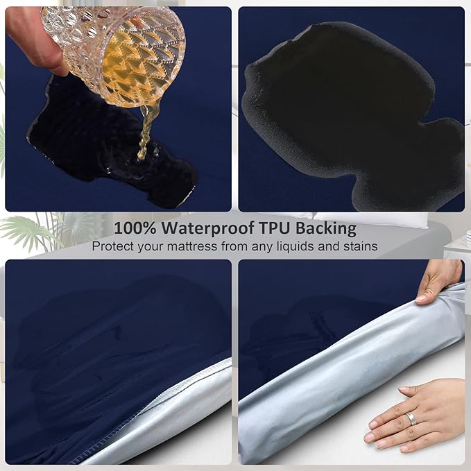 Waterproof Mattress Protector Queen, Fitted Sheet Style Breathable Mattress Cover with Deep Pocket Fits Up to 18'', Noiseless Bed Cover for Kids Adults Pets, Machine Washable (Navyblue, 60'' X 80'')
