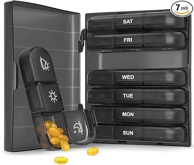 Weekly Pill Organizer 3 Times a Day, Travel Essentials for Women 7 Day Morning and Night Pill Case, Black Daily Am Pm Pill Box for Medication, Vitamins, Fish Oils, Supplements