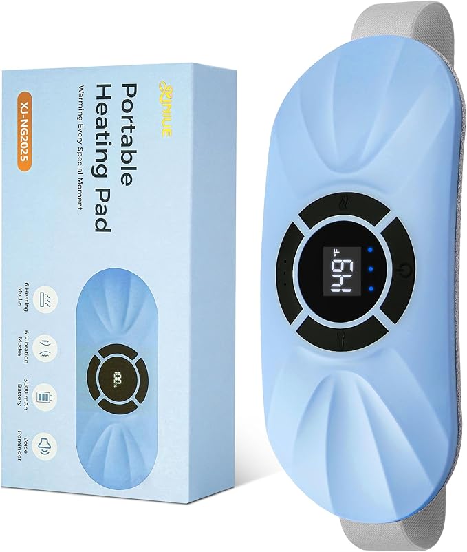 Portable Cordless Heating Pad for Period Cramps, Voice Reminder Menstrual Heating Pad with 6 Heat Levels and 6 Massage Modes, 3s Fast Heating, Gifts for Women Girls, Blue