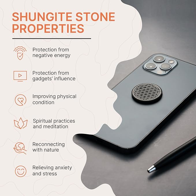 Gadget Protection Shungite Stickers Blocker for Cell Phone 2 pcs Flower of Life & Seed of Life Engraved | Round Sticker Plates for Bad Vibes Blocking | Polished Shungite Stone Plates S576
