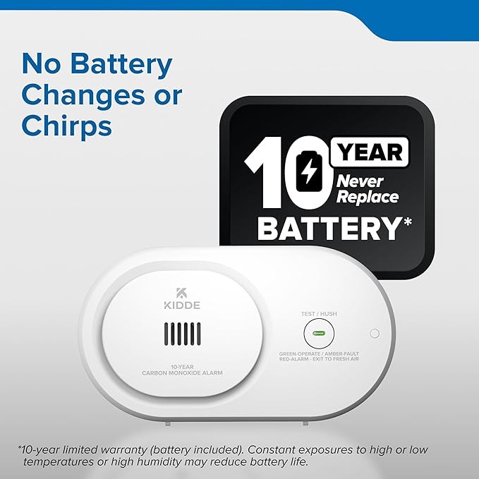 Kidde Carbon Monoxide Detector, 10-Year Battery Powered, LED Status Indicators, 85 dB Alarm, 5th Edition, COB10