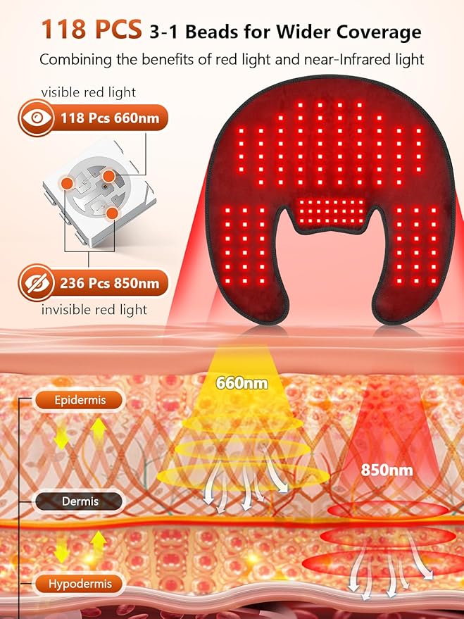 Red Light Therapy for Shoulders and Neck Massage with Heat, 5000 mAh Battery Cordless Near Infrared Red Light Therapy Pad for Body, Wearable Heating Pad for Upper Back, Shoulder & Neck