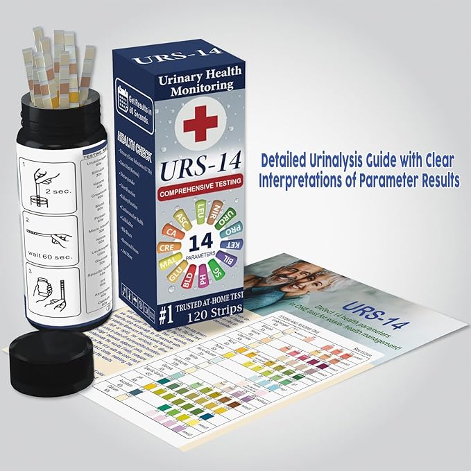 URS Urine Reagent Test Strip for 14 Parameters Urinalysis - Self Testing at Home in 60 Seconds for Men and Women PH, SG, Prot, KET, BLO, BIL, CRE, Kidney, Liver, UTI, Keto Diet, Ketosis, and +7 More