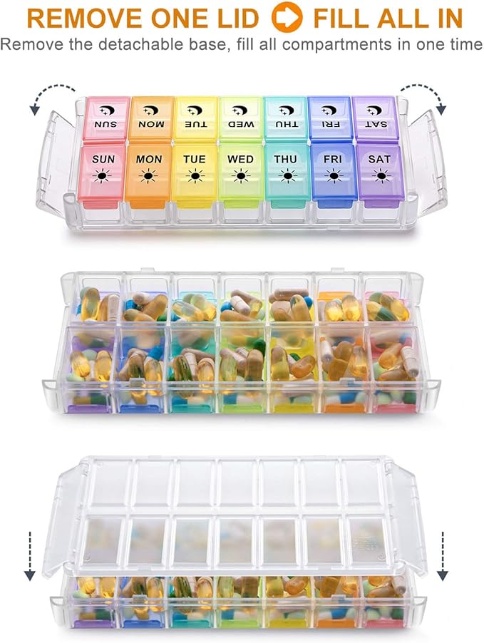 Pill Organizer 2 Times a Day, Fullicon Quick Fill Large Weekly AM PM Pill Box, Medicine Organizer 7 Day, Daily Pill Cases - Rainbow (Patent Registered)