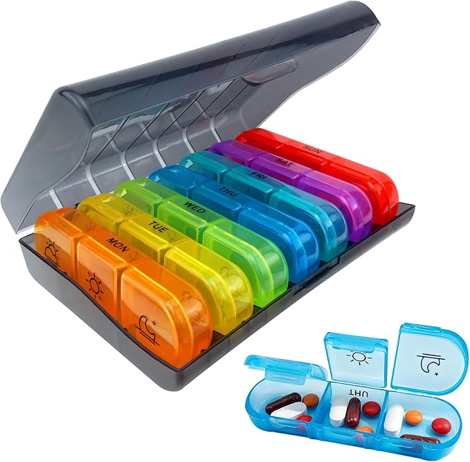 Quacc 1 PCS Weekly Pill Box Organizer 7 Day 3 Times Portable Travel Medicine Pill Organizer Tablet Box for Gel Capsules, Fish Oils, Vitamins, Supplements (Colorful)