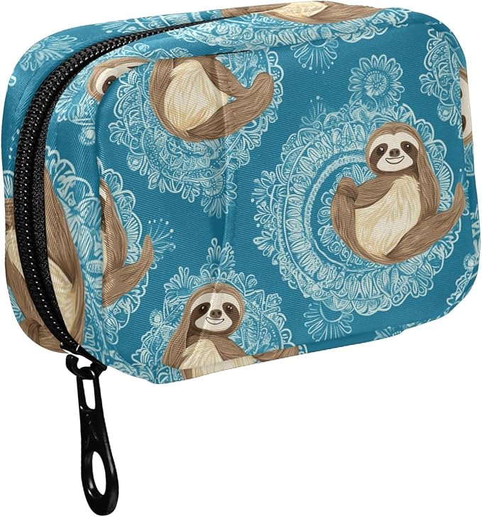 Fustylead Cute Sloths on The Round Ornaments of Mandalas Travel Pill Organizer Case Zipper for Purse with Removable Weekly Pill Box for Medicine, Vitamin, Supplement Medicine Organizer