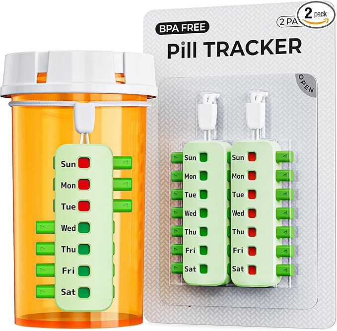Reusable Pill Reminder for Meds Organizers and Bottles, Arthritis-Friendly Pill Tracker, No Refill Needed, Anti-Slide Medication Tracker, Compact Medication Reminder for Pet Meds, Green, 2 Packs