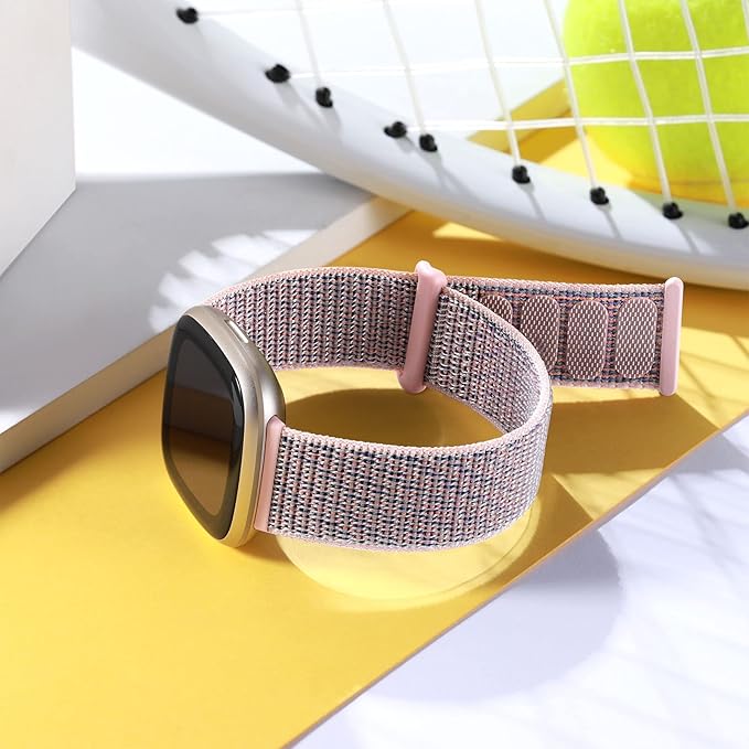 Nylon Sport Loop Bands Compatible with Fitbit Versa 3/Versa 4/Fitbit Sense/Sense 2 Band for Women Men, Adjustable Stretchy Braided Replacement Accessories Straps for Fit bit Versa 3 4 Bands, Pink