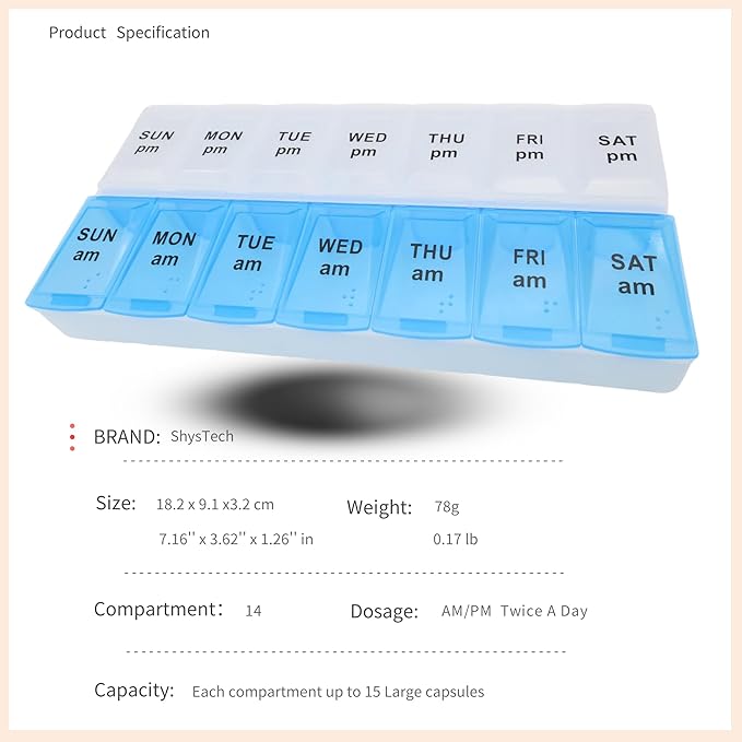 7 Day Weekly Pill AM PM Organizer, ShysTech Large Pill Case Pill Box for Pills/Vitamin/Supplements/Medication (Blue/White)