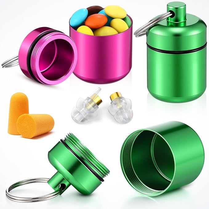 Hicarer 4 Pack Ear Plug Carrying Case, Waterproof Metal Ear Plug Holder with Keychain, Portable Small Pill Case Container for Earplugs, Jewelry, Pill Organizer for Travel or Sports(Bright Colors)