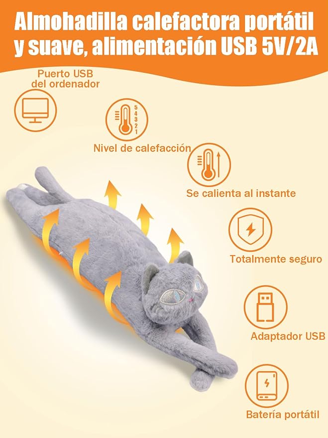 Cat Heating Pad for Period Cramps 5 Heat Settings Auto Shut Off USB Portable Electric Heat Pad Soft Thick Fuzz Stuffed Animal Cute Kitty Warmer for Body Pain Relief Comfort Accompany Help Relax Gift