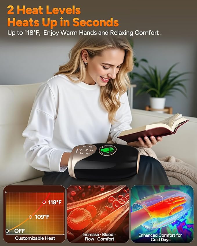 Hand Massager with Heat and Compression : Hand and Wrist Massager with Customizable Modes, Finger Stretch Function, Visual Display, Palm Roller - Daily Comfort for Women, Men, Home, Office Use,Black