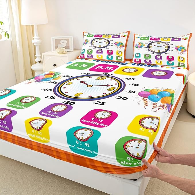 Educational Fitted Sheet Twin, Time Learning Bedding Set for Kids Boys Girls - Lightweight Bed Cover (No Flat Sheet)