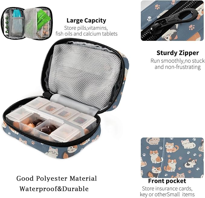 Fustylead Cute Cartoon Cats and Paw Prints Pill Organizer and Storage Weekly with Zipper, Removable Pill Box Portable Medicine Organizer for Vitamin Fish Oil Supplement