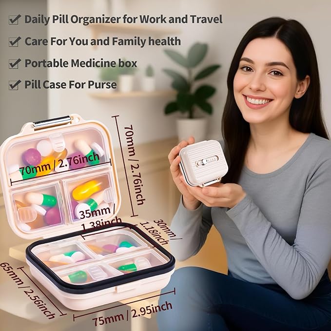 Daviky Travel Pill Organizer,Small 7-Compartment Pill Box for Vitamins & Medications, Compact Medicine Case for Pocket or Purse(White)
