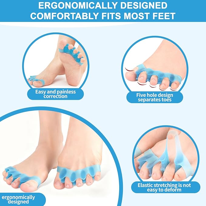 Toe Separators/Toe Spacers for Men and Women - Bunion Corrector & Hammer Toe Straightener for Overlapping Toes, Silicone Gel Pain Relief for Pedicure & Daily Care (Blue)