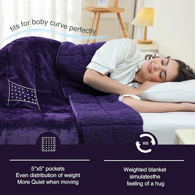 Aemicion Weighted Blanket Queen Size 15lbs,Dual Sided Cozy Fluffy Sherpa Heavy Weighted Blankets for Adults,Ultra Fuzzy Throw Blanket with Soft Plush Flannel Top,60 x 80 inches Purple on Both Sides