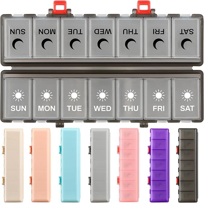 Foldable Pill Organizer Weekly 2 Times a Day, 7 Day Portable AM PM Travel Pill Case with Black&White Labels, Dual-Protection Daily Medicine Box, Large Pill Container for Vitamin/Supplement-Clear Black