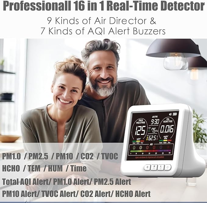 Professional Indoor Air Quality Monitor with AQI Alerts, Portable Real-Time Detector for Home, Car, Plants & Pets