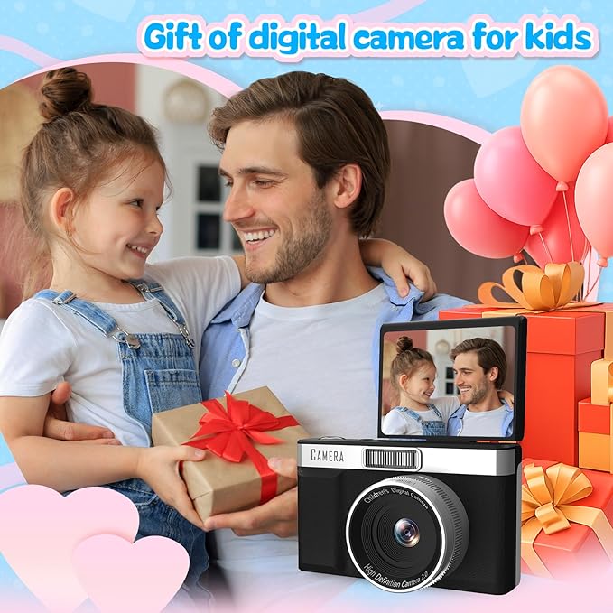 Kids Digital Camera with 180° Flip Screen, 32GB Memory Card Digital Cameras,1080P HD Point and Shoot Digital Cameras, Built in Educational Games,Ideal Gifts for Kids Boys Girls(Black)