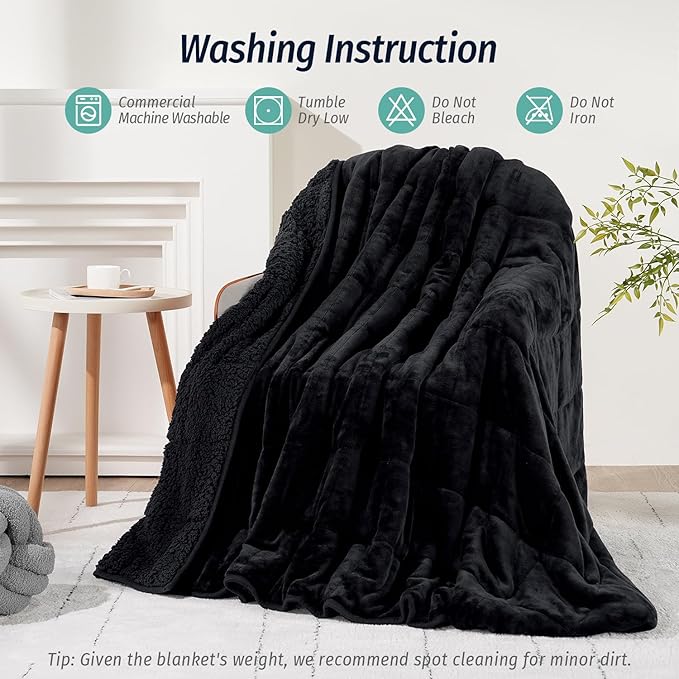 Wemore Sherpa Fleece Weighted Blanket for Adult, 20 lbs Dual Sided Cozy Fluffy Heavy Blanket, Ultra Fuzzy Throw Blanket with Soft Plush Flannel Top, 80 x 87 inches, Black on Both Sides