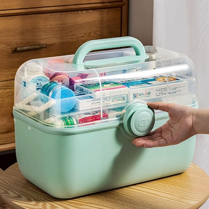 Medicine Storage Containers 3-Tier Fold Tray Plastic Medical Supply Organizer with Removable Pill Case & Handled, Empty Family First Aid Box for Medicine, Art, Family Emergency Kit [Green]
