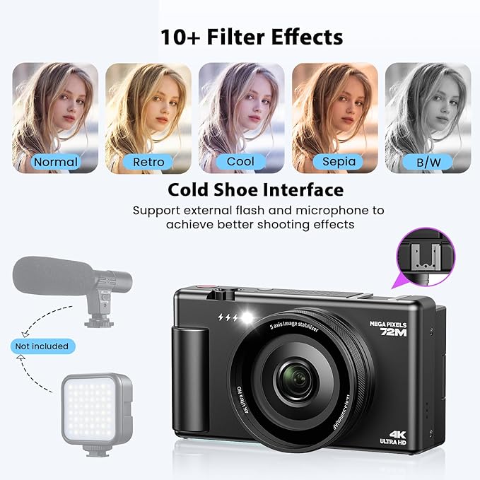 4K Digital Cameras for Photography, Compact Vlogging Camera with Flip Screen, 18X Digital Zoom YouTube Camera, Ideal for Bignners Boys Girls Black