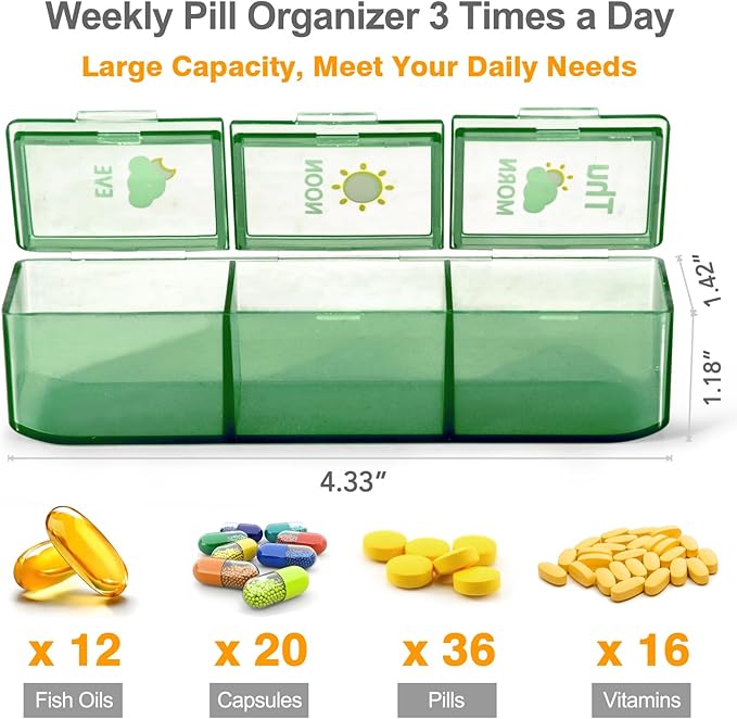 Pill Organizer 3 Times a Day, Daily Pill Box with Morning Noon Night Compartments, Portable Medicine Organizer for Travel, Work & Home (Green)