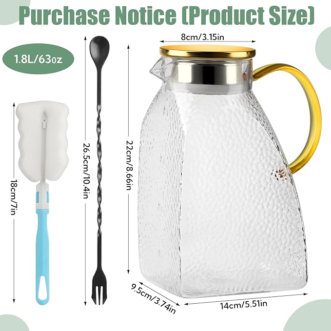 2 Pack Glass Pitcher with Lid and Handle, 1.8 Liter 60 oz Water Jugs for Fridge, Iced Tea Pitcher, Juice Carafe, Milk, Coffee, Hot/Cold Beverage Container（with Mixing Spoon and Cup Brush）