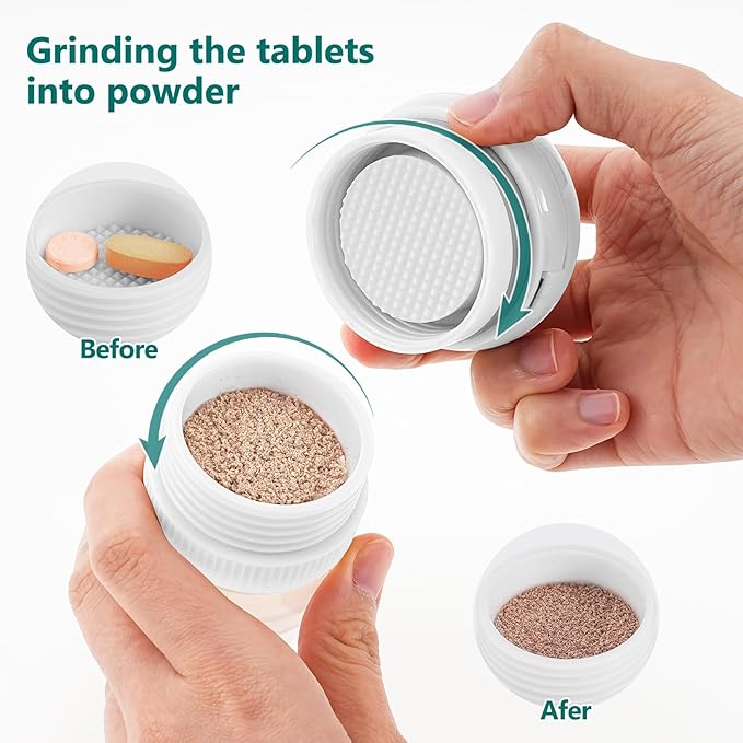4 in 1 Pill Cutter Splitter, Pill Cutter for Small or Large Pills, Travel Pill Organizer with Crusher Grinder Fine Powder, Stainless Steel Blade, Removable Drinking Cup (White)