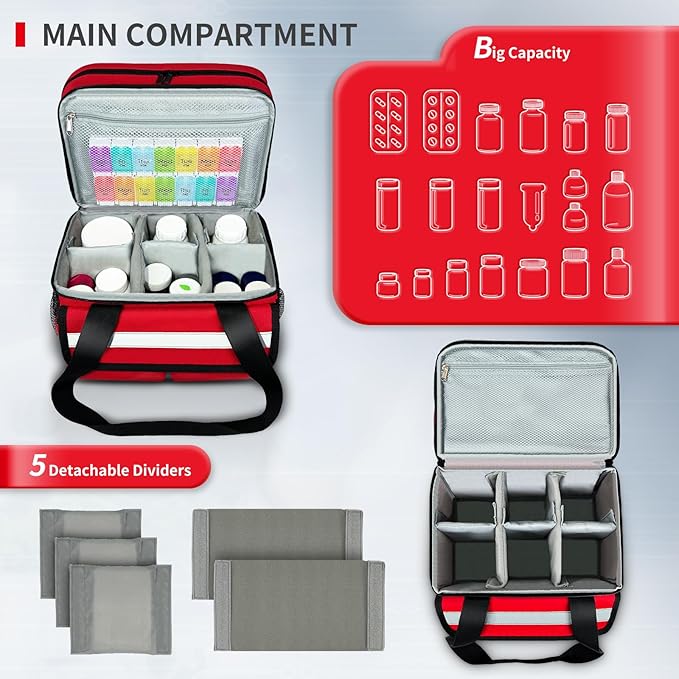 Large Pill Bottle Organizer Storage with Removable Dividers & Double Layer, Travel Medication Bag for Prescription Bottles, Medical Supplies, 11.8”x8.1”x9.5” (Red,Bag Only)