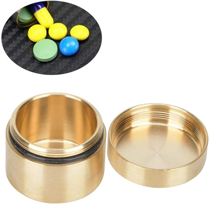 Ejoyous Brass Pill Box, Mini Round Shape Waterproof Dustproof Solid Brass Container Holder Metal Pill Container for Purse Pocket Travel, Small Outdoor Survival Pill Storage Case