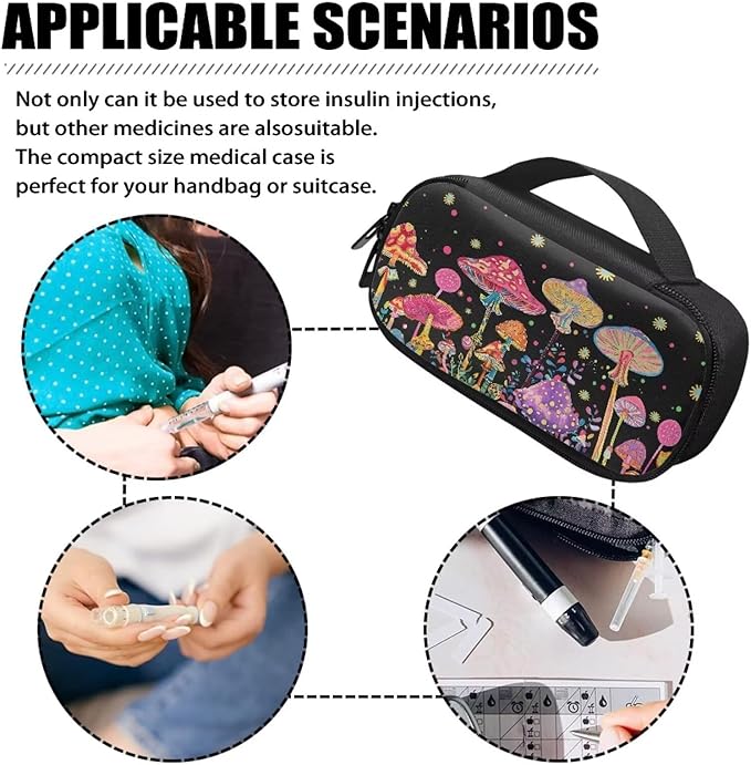 Colorful Mushrooms Insulin Pen Cooler Travel Case with Top Handle Daily Life and Trip Storage Bag for Glucose Meter and Other Diabetic Supplies Easy to Use & Carry