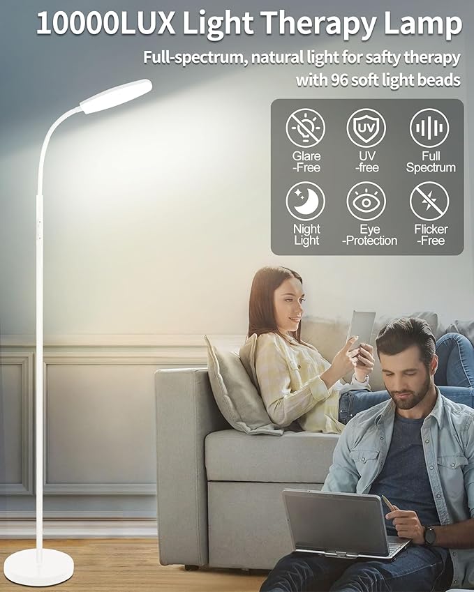 LanSuper Light Therapy Lamp, 10000 Lux UV-Free Happy Therapy Lamp, Full Spectrum Sunlight Lamp with Remote Control, Light Therapy Floor Lamp with 10 Color Temperature & 6 Brightness & Timer-White