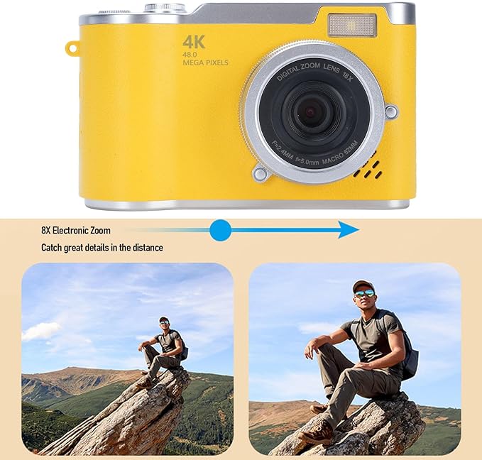 48MP Digital Camera, 1080P Video Camera, 8X Zoom, 2.4 Inch HD Flip Screen, LED Fill Light, Long Battery Life, with Multiple Functions for Entertaining Photography (Yellow)