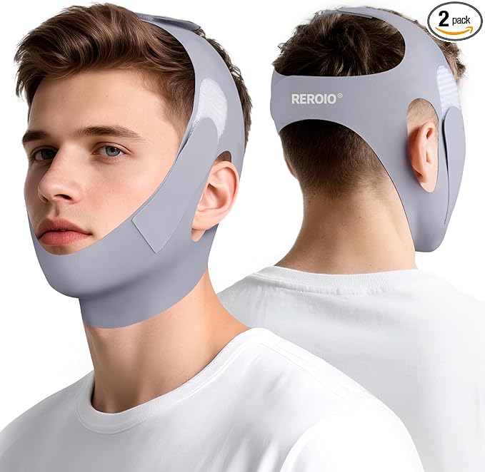 Chin Strap for Sleeping with 4-Side Adjustment, Anti Snoring Chin Strap Elasticity, Anti Snoring Devices Breathable and Durable, Comfortable Snore Stopper for Adults, Gray, M, 2packs
