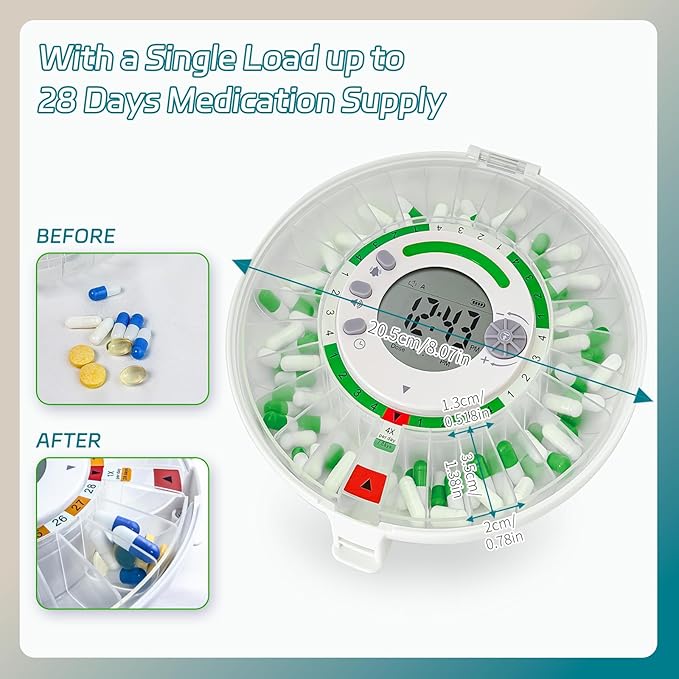 Automatic Pill Dispenser with Alarm - 28-Day Medicine Dispenser for Elderly & Alzheimer's Care, 8 Dosage Templates Locked Pill Reminder with Voice Alerts for Prescriptions, Vitamins
