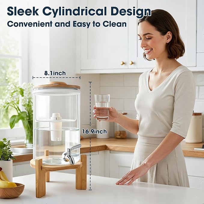 water filter dispenser Countertop water purifier System 2.1 Gallon Glass water filter with Wooden Stand and 1 Filters for Home and Office