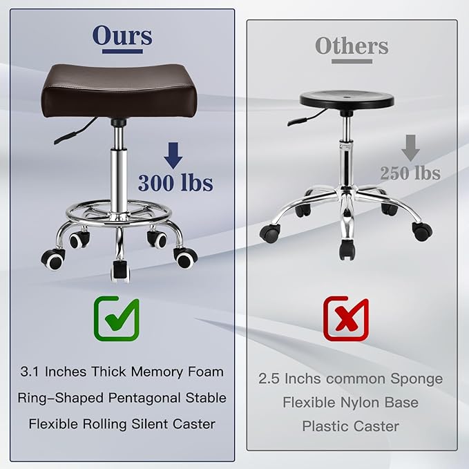Square Salon Rolling Stool - 300lbs Weight Capacity，Adjustable Swivel Stool with Wheel，Pu Leahter Comfortable Cutting Stools for Salon Tattoo Stylist Massage Perfect for Work SPA (Brown)