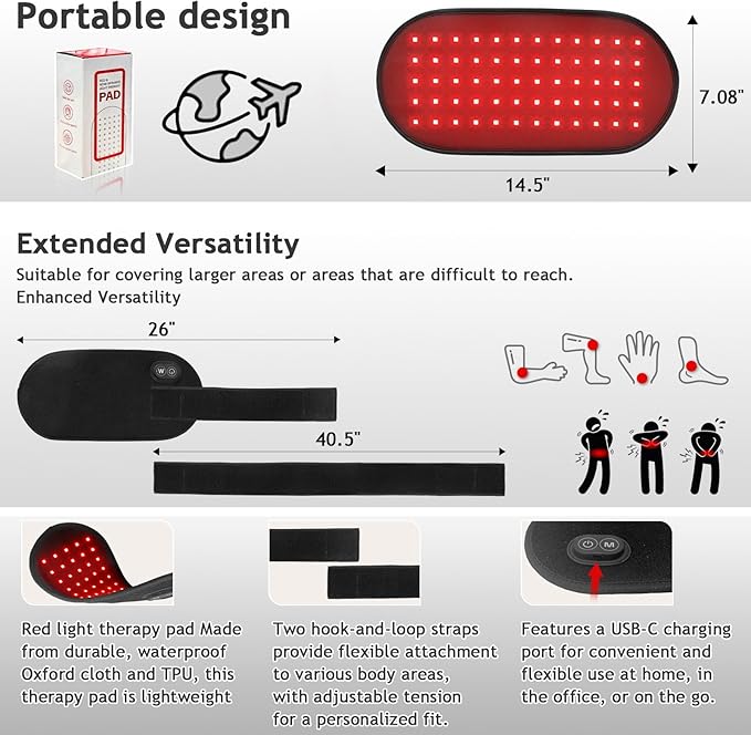 Red Light Therapy Pad for Body, 660nm & 850nm Light Therapy Wrap with Dual Straps, 5-Level Adjustable Heating for Back Waist Shoulder Knee,Portable Red Light Belt(Plug-in Version）