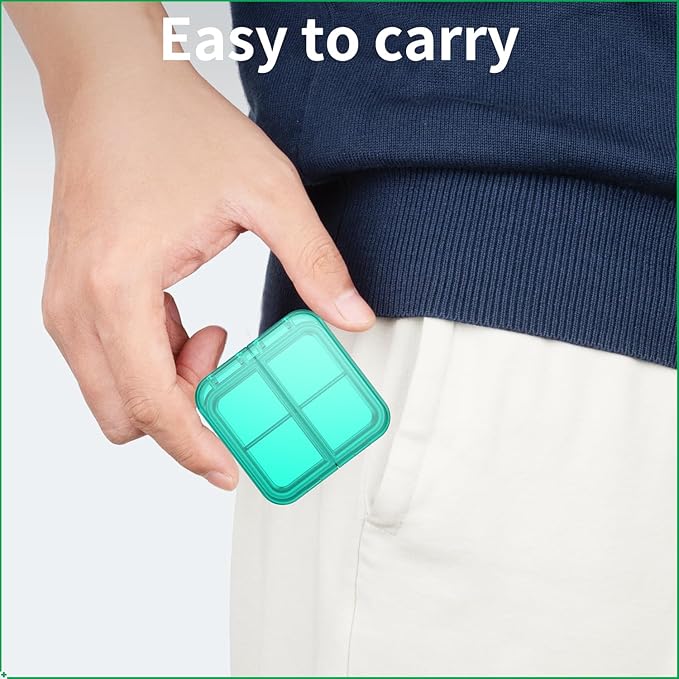 Small Pill Box,4 Compartments Travel Pill Case, Portable Pill Organizer,Mini Pill Container for Pocket,Daily Compact Travel Medicine Holder for Vitamins Fish Oil and Supplement Storage(Green+Cyan)