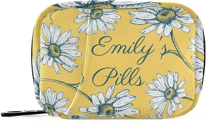 Custom Pill Box 7 Day Pill Case Bag Daisy Flowers Personalized Name Travel Pill Organizer Bag with Zipper Portable Weekly Case Compact Size for Vitamin Supplement Holder