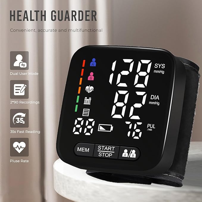 Wrist Blood Pressure Monitor, Tovendor Home Automatic Blood Pressure Cuff Wrist with 2 AAA Battery and Portable Carrying Case, 2 * 90 Reading Memory Dual Users Mode