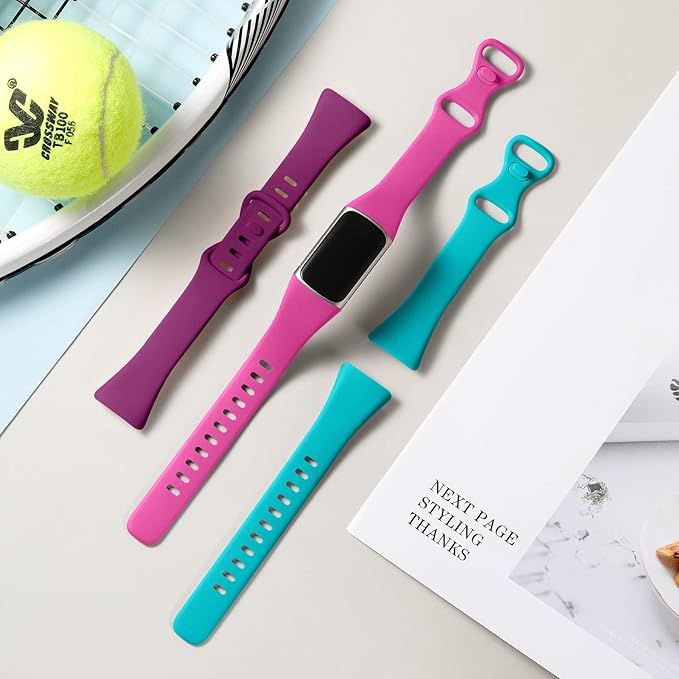 Maledan Sport Band Compatible with Fitbit Charge 5 Bands/Charge 6 Bands for Women Men, Waterproof Silicone Slim Thin Wristband Replacement for Fitbit Charge 5 Fitness Tracker, 3 Pack Fuchsia/Rose/Teal