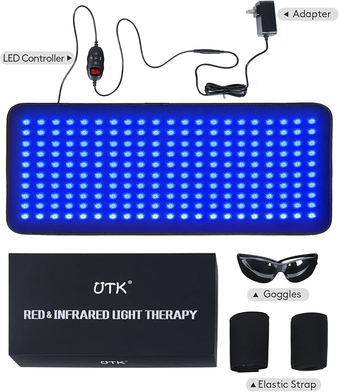 UTK 23" x 12" Large Red & Blue Light Therapy Pad for Body, 470nm 660nm 850nm Near Infrared Light Therapy Wrap for Back Shoulder Knee Muscle Joint, 210 pcs 3 in 1 LEDs, Adjustable Timer & Intensity
