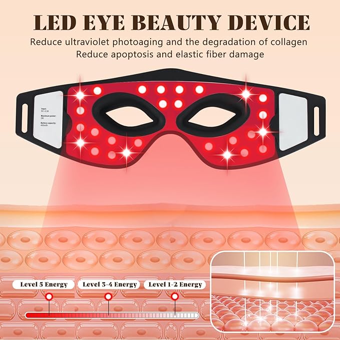 Red Light Eye Mask, 5 Modes Adjustable LED Red Light Therapy for Eyes, Under Eye Red Light Therapy Device for Relieve Eye Bags, Dark Circles and Puffiness, Smoothing Fine Lines