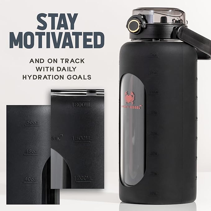 64 Oz Water Bottle with Time Marker & Straw - Black Pregnancy 2 Liter Glass Water Bottles with Measurements - Daily intake bottle - Leakproof Borosilicate jug