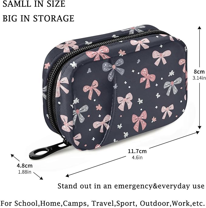 Fustylead Cute Hand Draw Bow Travel Pill Organizer Bag with Zipper Small Pill Box 7 Day Pill Case for Purse Storage Weekly Vitamin Medicine Supplement
